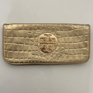 Gold leather croc embossed Tory Burch clutch